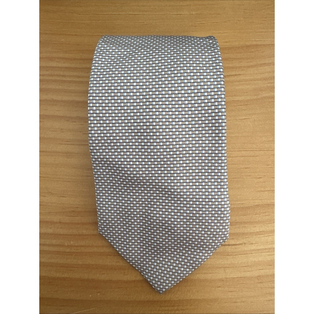 VTG Tommy Hilfiger Mens Necktie Brown Blue Squares Silk 58x3.5 Made In USA